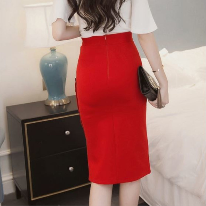 Long Red Button Down Midi Office Pencil Skirt