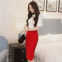 Long Red Button Down Midi Office Pencil Skirt