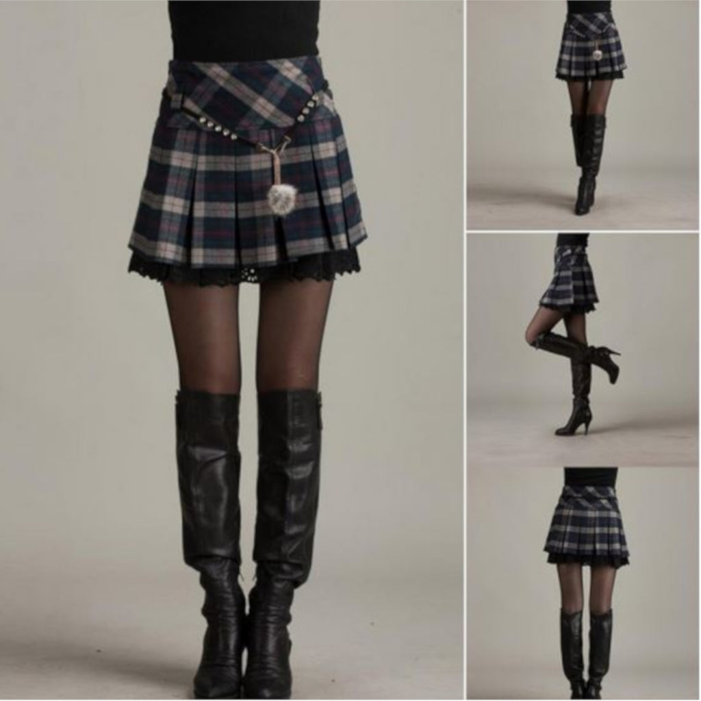 Sexy Grey Pleated Empire Waist Tartan Mini Skirt