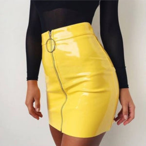 Canary Yellow O Ring Zip Up Leather Mini Skirt