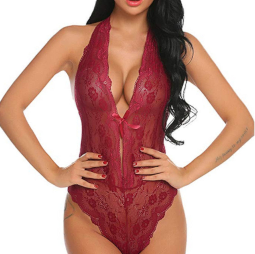 Ladies Wine Red Flirtatious Lace Bodysuit Intimates