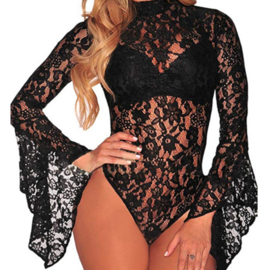 Edgy Black Lace Long Sleeve Ruffles Bodysuit Teddy