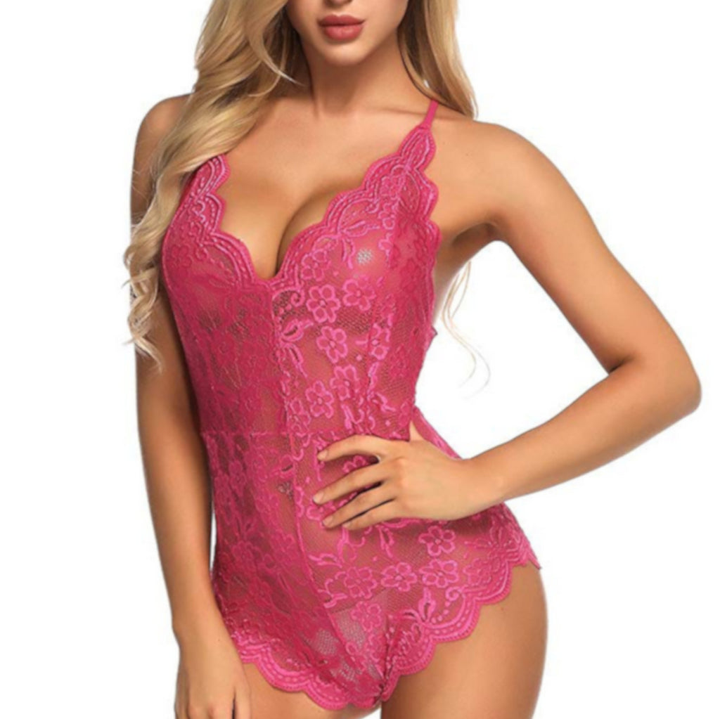 Alluring Backless Strappy Hot Pink Lace Babydoll Teddy