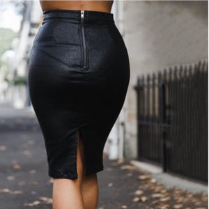 Edgy Black High Waist Faux Leather Midi Skirt