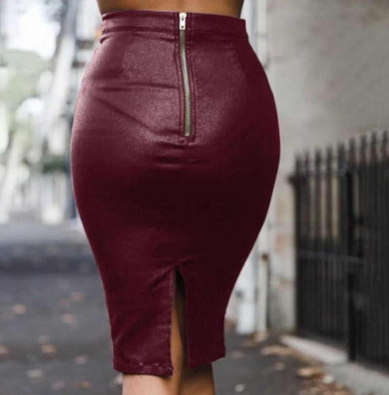 Edgy Wine Red High Waist Faux Leather Midi Skirt