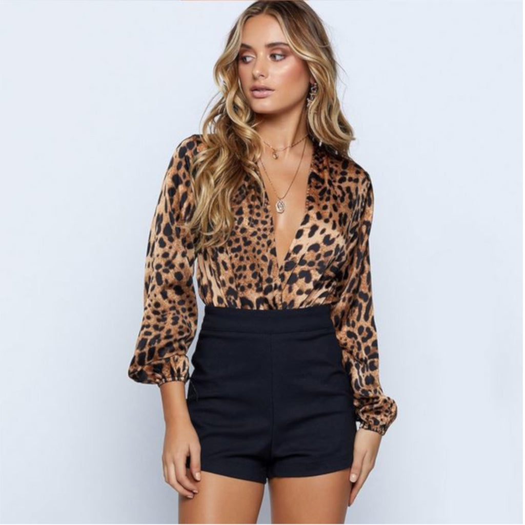 Leopard Animal Print Long Sleeve Bodysuit Business Casual Blouse