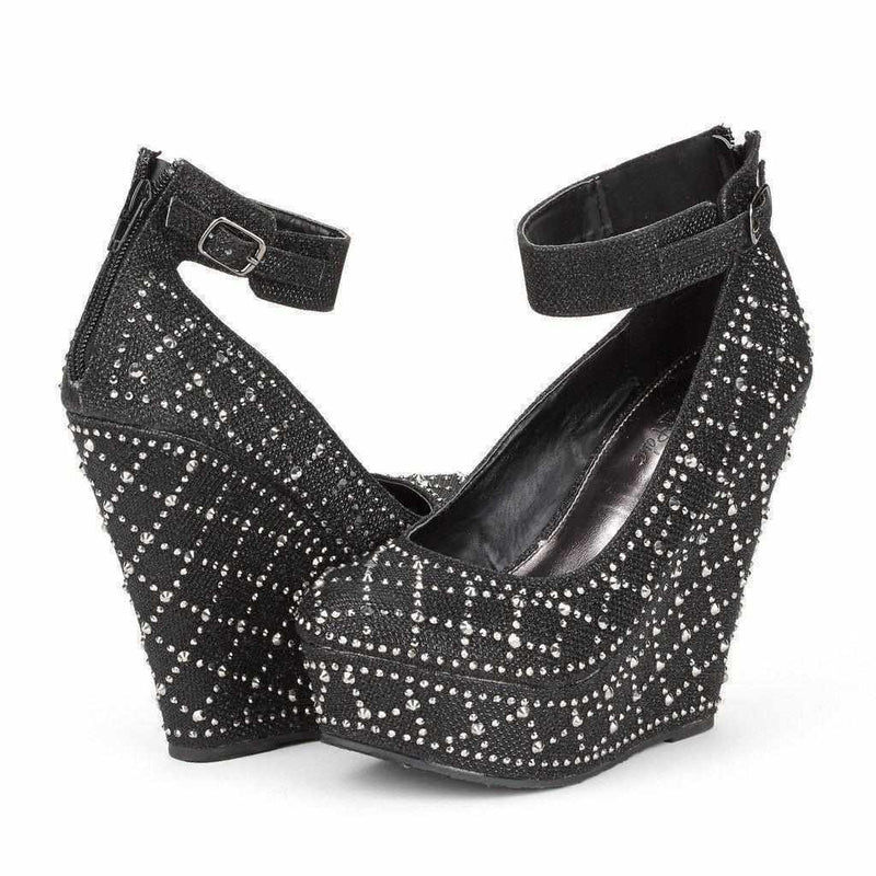 Black Rhinestone &amp; Leopard Ankle Strap Platform Wedges 6.5 / Black Shoes Edgy Couture