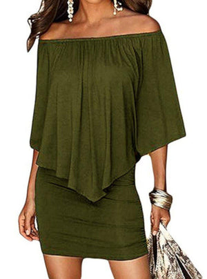 Classy Army Green Off The Shoulder Sheath Party Dress W/ Ruffles  Sheath Dress Edgy Couture