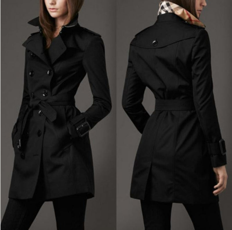 Womens Black Double Breasted Trench Coat Lightweight Rain Jacket