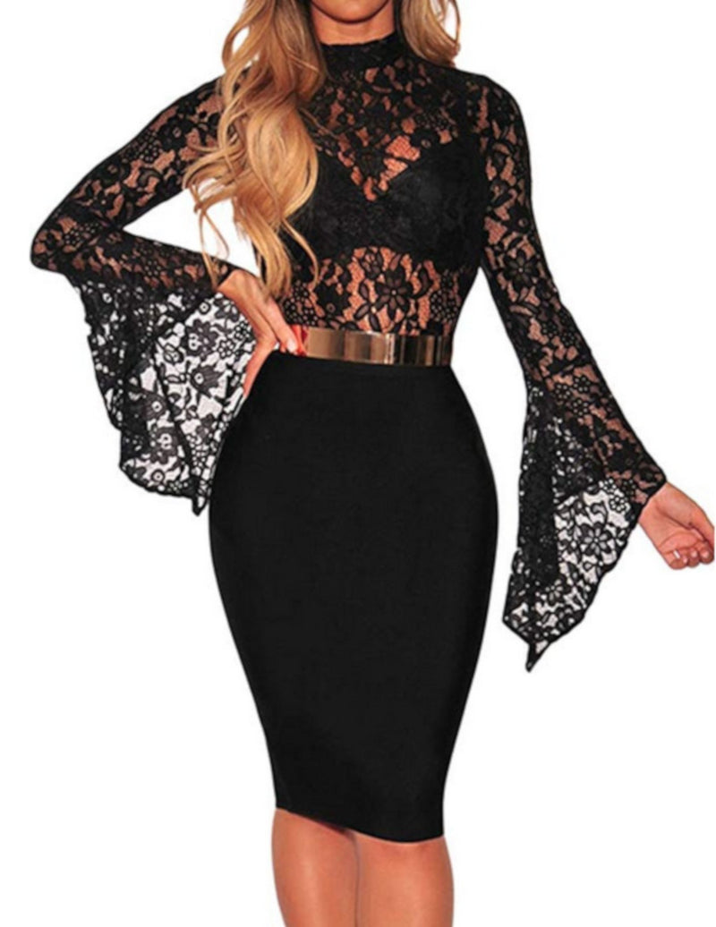 Edgy Black Lace Long Sleeve Ruffles Bodysuit Teddy-Bodysuit-Edgy Couture