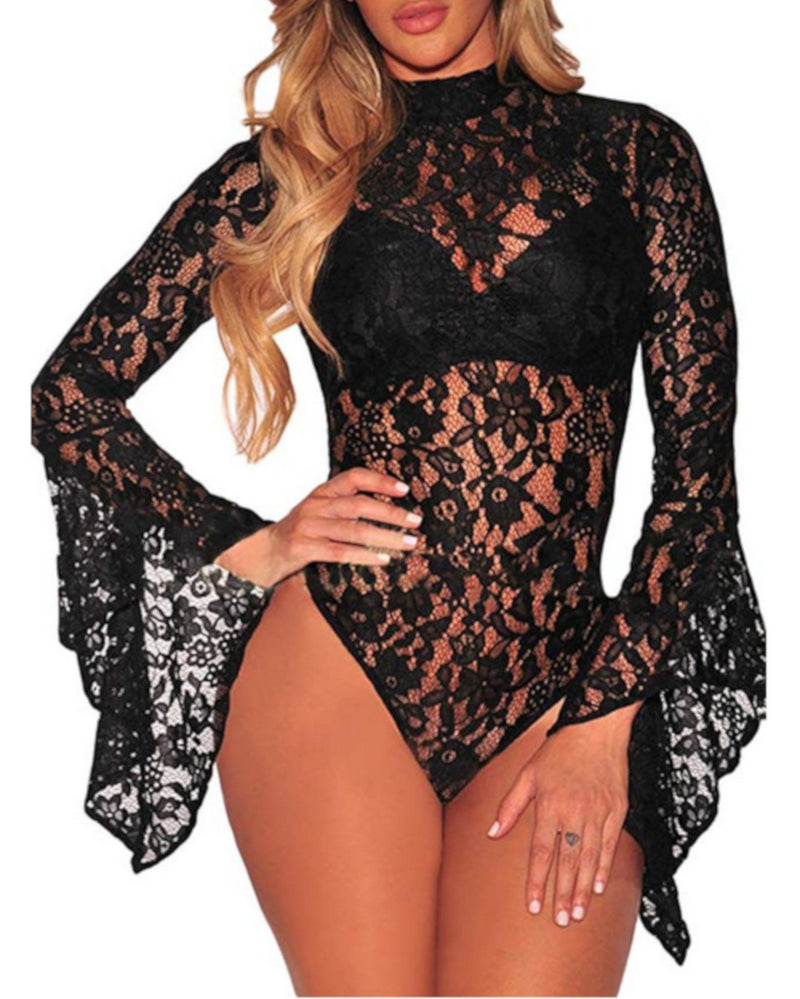 Edgy Black Lace Long Sleeve Ruffles Bodysuit Teddy-Bodysuit-Small-Black-Edgy Couture