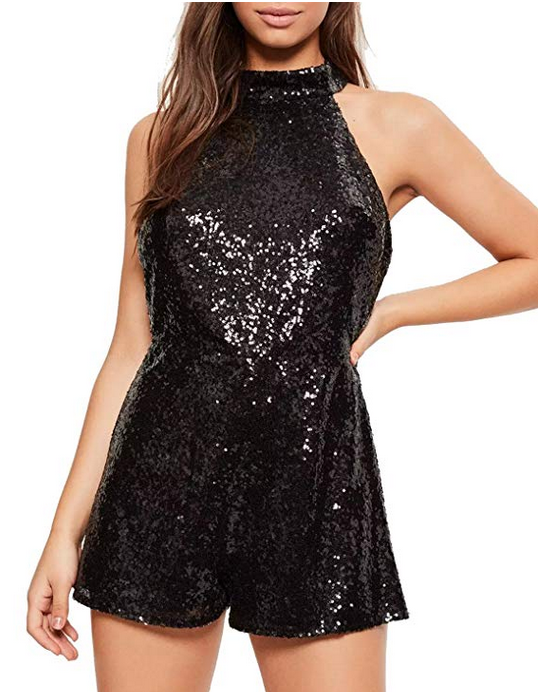 Edgy Black Sequin Backless Party Romper Jumpsuit  Sequin Rompers Edgy Couture