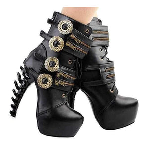 Black &amp; Gold SteamPunk Jagged Edge Peep Toe High Heel Ankle Boots 10 / Black / Leather Ankle Boots Edgy Couture