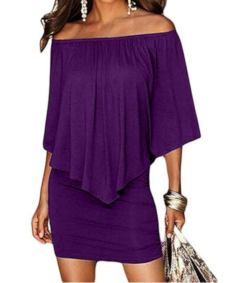 Edgy Professional Purple Off Shoulder Pencil Dress W /Ruffles  Sheath Dress Edgy Couture