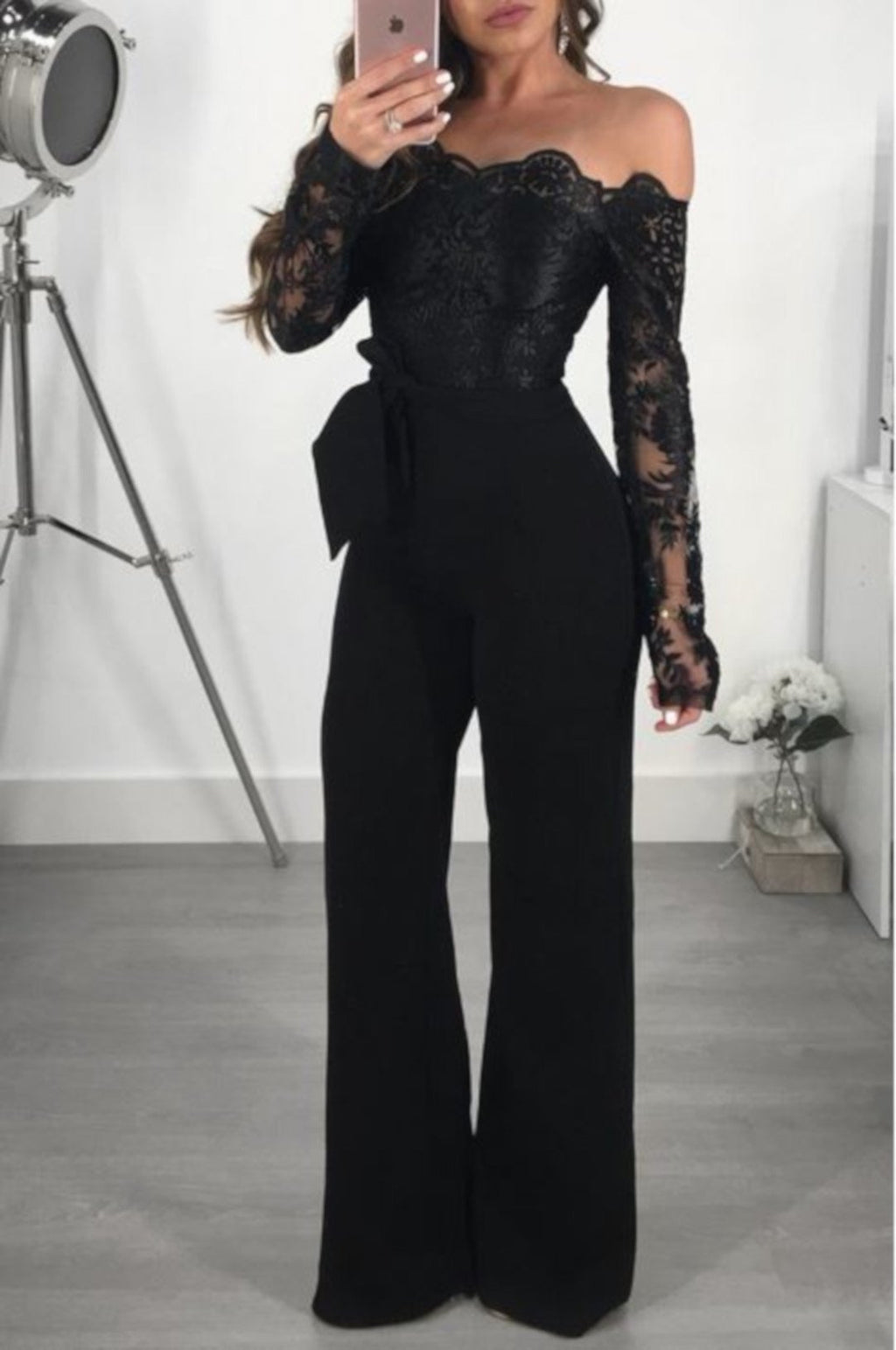 Elegant Black Lace Off Shoulder Jumpsuit Romper-Jumpsuit-Small-Black-Edgy Couture