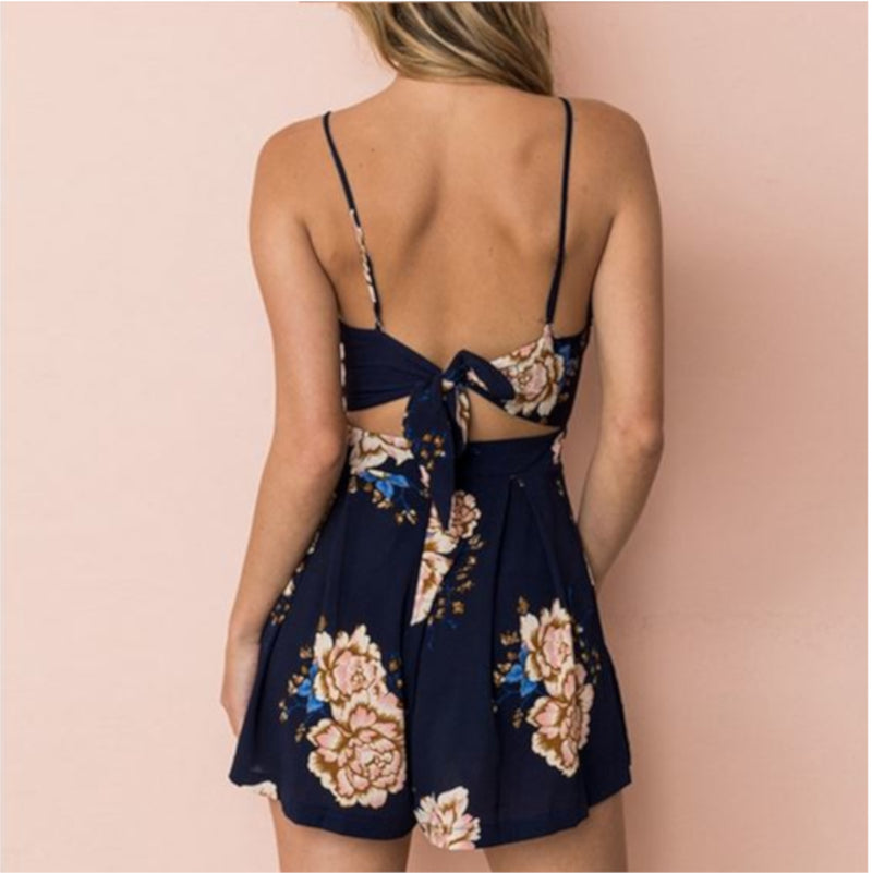 Fun Floral Navy Blue Backless Overall Romper Shorts