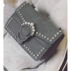 Grey Embellished Suede Crystal Stud Clutch Shoulder Bag Small / Grey / Suede Shoulderbag Edgy Couture