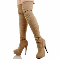 Ladies Hot Red Faux Suede Lace Up Knee High Boots 10 / Taupe Knee High Boots Edgy Couture