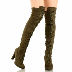 Ladies Hot Red Faux Suede Lace Up Knee High Boots 6.5 / Green Knee High Boots Edgy Couture