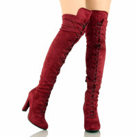 Ladies Hot Red Faux Suede Lace Up Knee High Boots 5.5 / Red Knee High Boots Edgy Couture