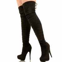 Ladies Hot Red Faux Suede Lace Up Knee High Boots  Knee High Boots Edgy Couture