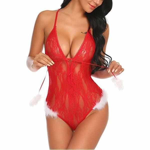 Ladies Sexy Red Santa's Lace Sleeveless Teddy Lingerie Large / Red Bodysuit Edgy Couture