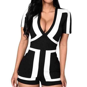 Ladies Sexy White Geo Stripe Shorts Romper Jumpsuit Large / Black / Spandex Rompers Edgy Couture