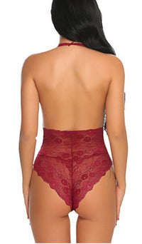 Ladies Wine Red Flirtatious Lace Bodysuit Intimates-Bodysuits-Edgy Couture