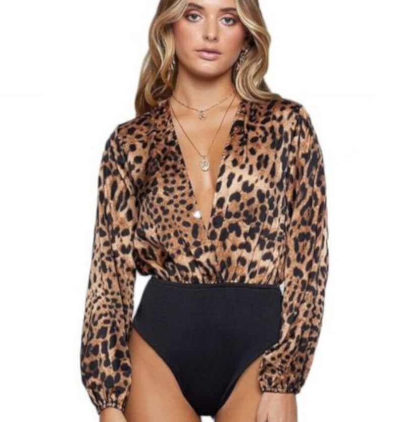 Leopard Animal Print Long Sleeve Bodysuit Business Casual Blouse-Bodysuit-Edgy Couture