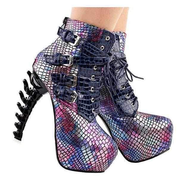 Aqua Mermaid Black &amp; Pink SteamPunk Jagged Edge Platform High Heel Ankle Boots 10 / Pink / PU Ankle Boots Edgy Couture