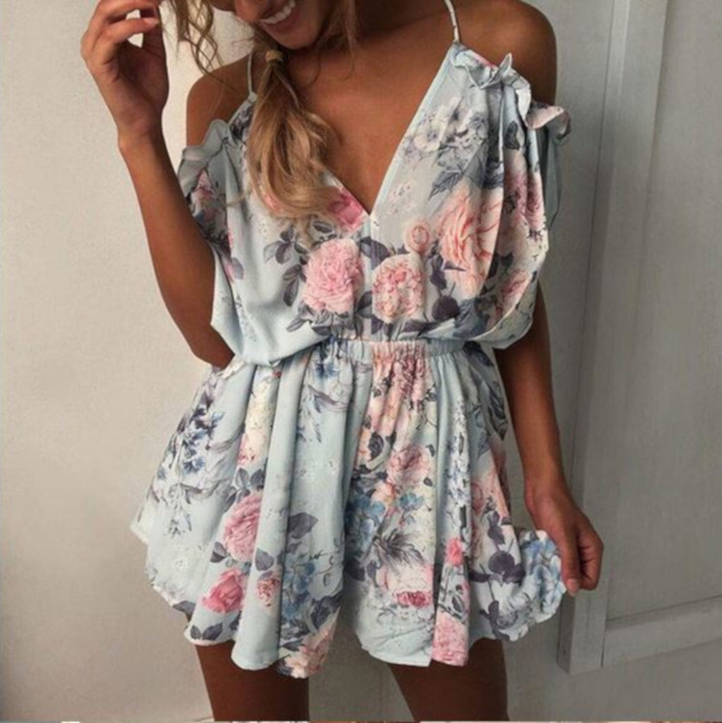 Trendy Boho Blue Floral Booty Short Summer Romper