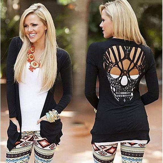 Punk Glam Light Weight Black Long Sleeve Cardigan Sweater W/ Skulls Black / X-Large Shirts Edgy Couture