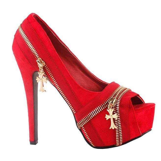 Women's Edgy Red Punk Rock Peep Toe Dress Pumps 10 / Red / PU Pumps Edgy Couture