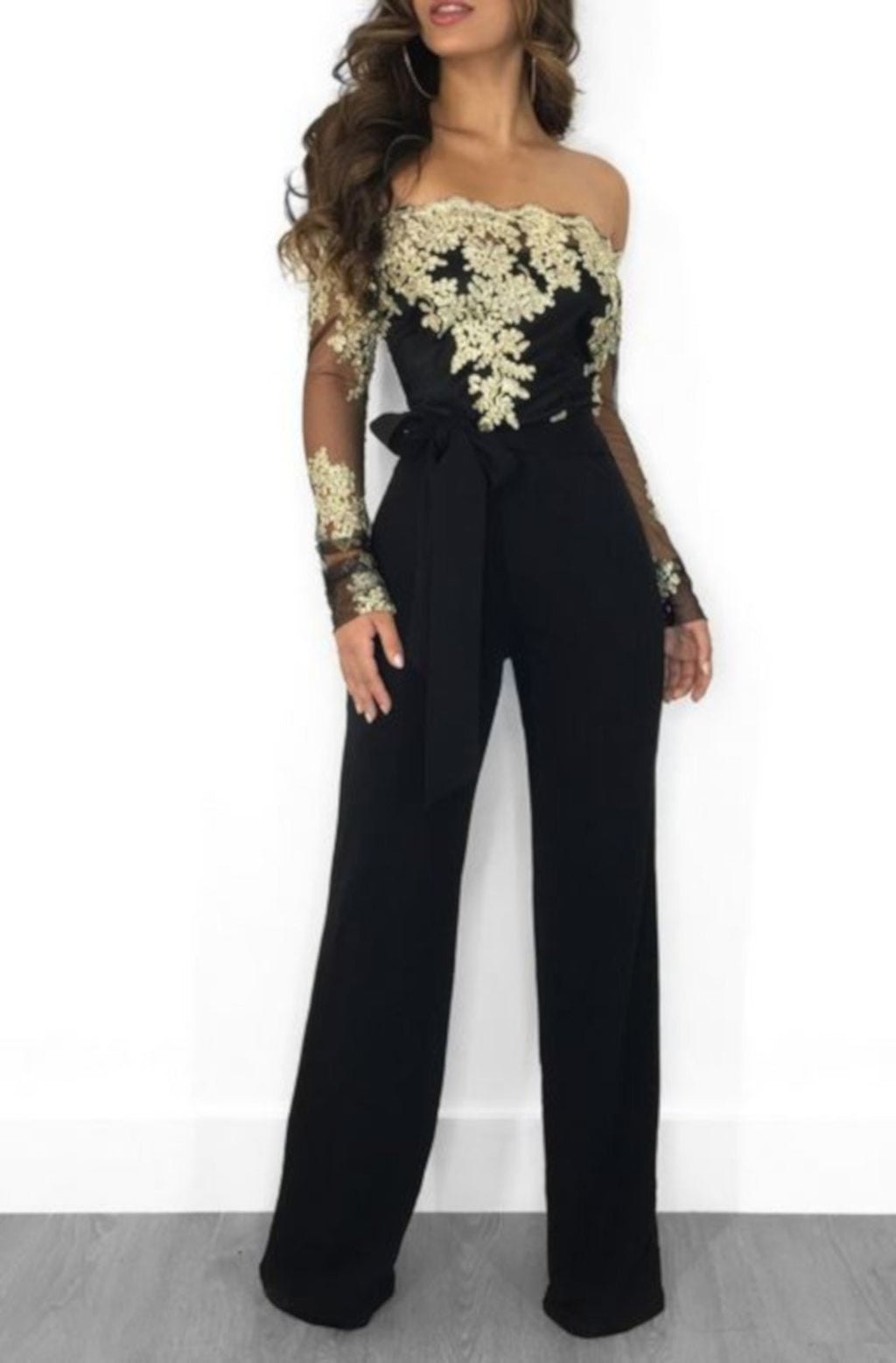 Retro Black Lace Golden Off The Shoulder Long Sleeve Jumpsuit-Jumpsuit-Small-Black-Edgy Couture