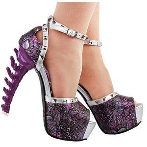 Women's Purple Retro Floral Bone Heel Stilettos 9 / Purple / PU Pumps Edgy Couture