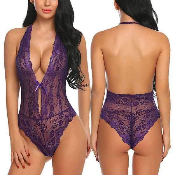 Scandalous Purple Lace Halter Bodysuit Teddy Lingerie Intimates  Lingerie Lace Teddy Edgy Couture