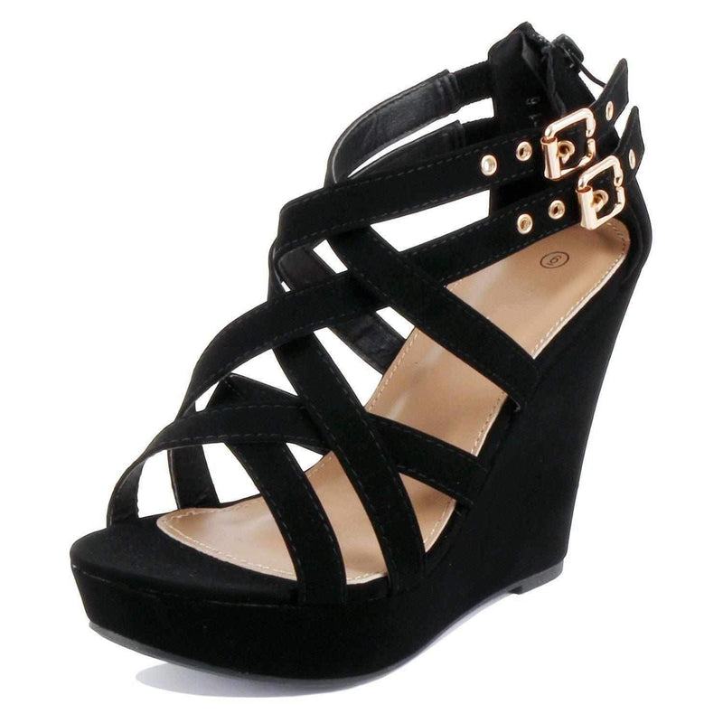 Sexy Black Strap Open Toe Gladiator Low Platform Wedge Summer Sandals 9 / Black Shoes Edgy Couture