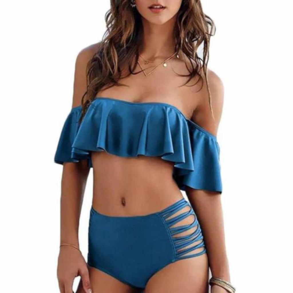 Sexy Blue Two Piece High Waist Bandeau Bikini Set W/ Ruffles Large / Blue Bandeau Bikini Edgy Couture