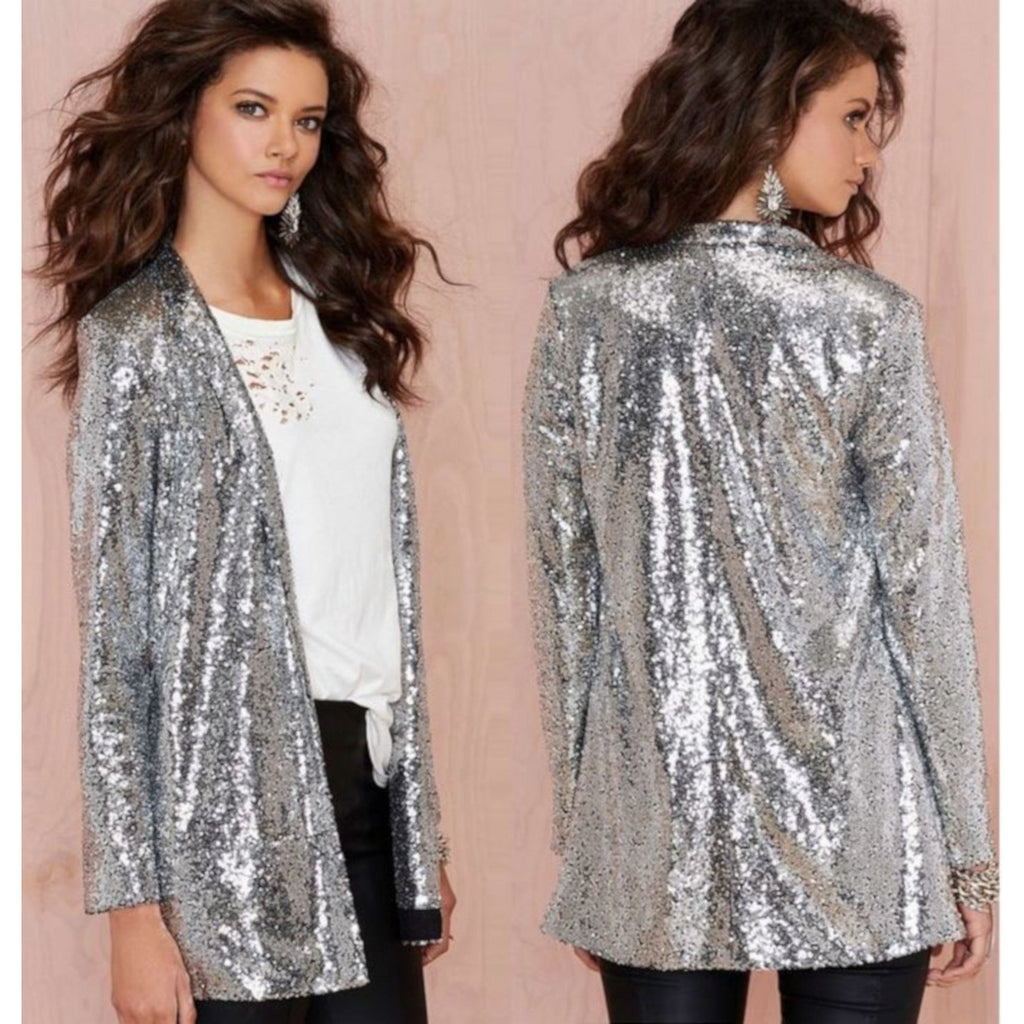 Sexy Business Casual Open Front Silver Sequin Office Blazer X-Large / Silver Jackets Edgy Couture