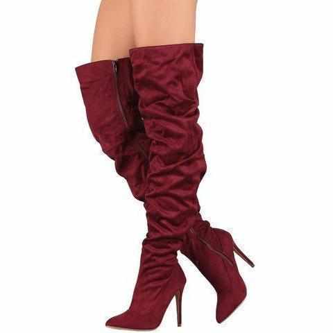 Sexy Maroon Thigh High Zip Faux Suede High Heel Dress Boots 10 / Red Boots Edgy Couture