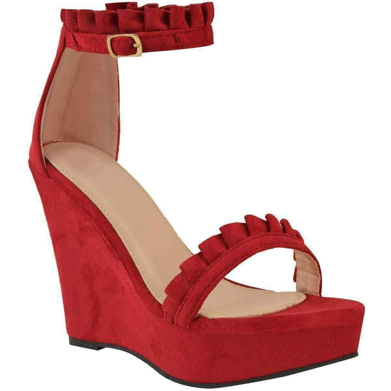 Sexy Red Faux Suede Ruffled High Heel Platform Wedge Wedding Sandals 10 / Red Wedges Edgy Couture