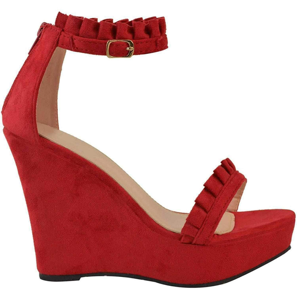 Sexy Red Faux Suede Ruffled High Heel Platform Wedge Wedding Sandals  Wedges Edgy Couture