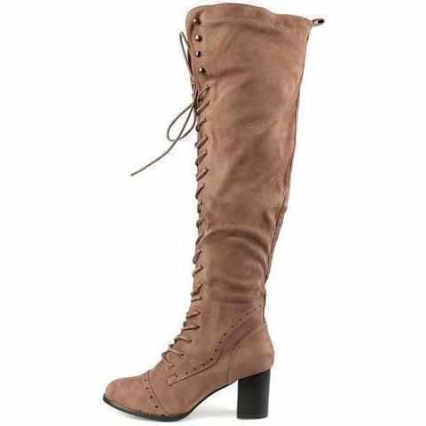 Sexy Taupe Lace Up Knee High Faux Suede Dress Boots 8 / Taupe Boots Edgy Couture