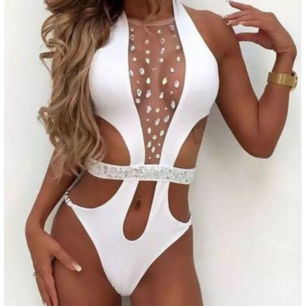 Sexy White One Piece Crystal Halter Cut Out Monokini Swimsuit white / Medium One Piece Monokini Edgy Couture