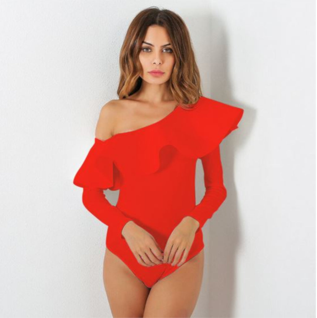 Casual Red Off The Shoulder Bodysuit Ruffles