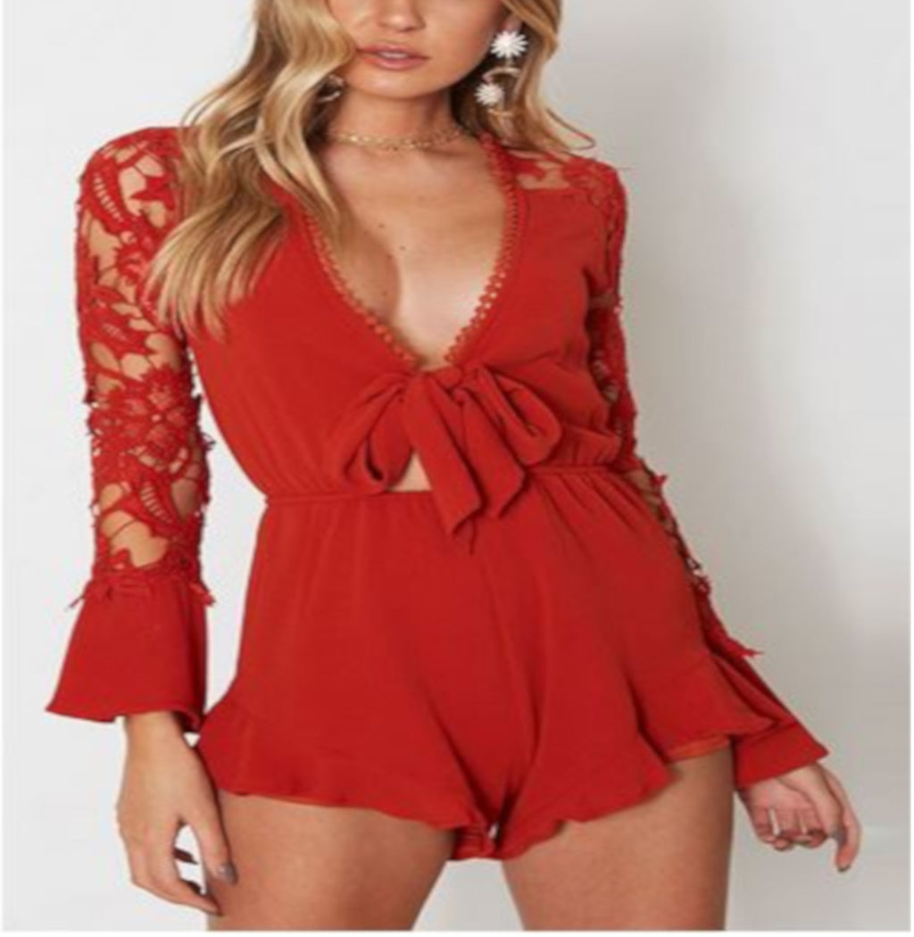 Women's Sexy Burnt Red Long Sleeve Shorts Romper