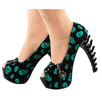 Womens Green Skull Studded Cross bone High Heels 10 / Green / PU Pumps Edgy Couture