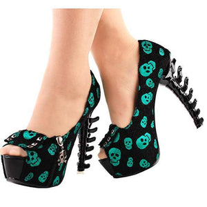 Womens Green Skull Studded Cross bone High Heels  Pumps Edgy Couture