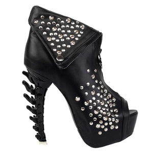 Black Riveted SteamPunk Jagged Edge Leather Peep Toe High Heel Ankle Boots 10 / Black Ankle Boots Edgy Couture