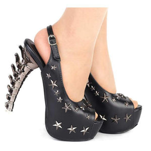 Women's Alternative Black Star Rivet Sling Back Heels 10 / Black / PU Pumps Edgy Couture